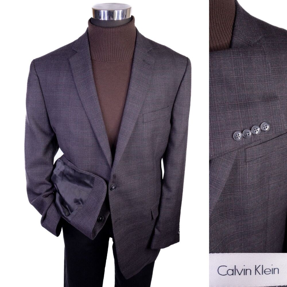Calvin Klein Blazer Sport Coat Plaid Two Button Jacket Size 46R Wool Dual-Vent